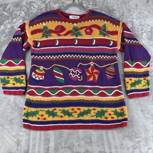 Vintage Talbots Hand Knit Christmas Sweater Women's L Colorful Uglycore (1039)